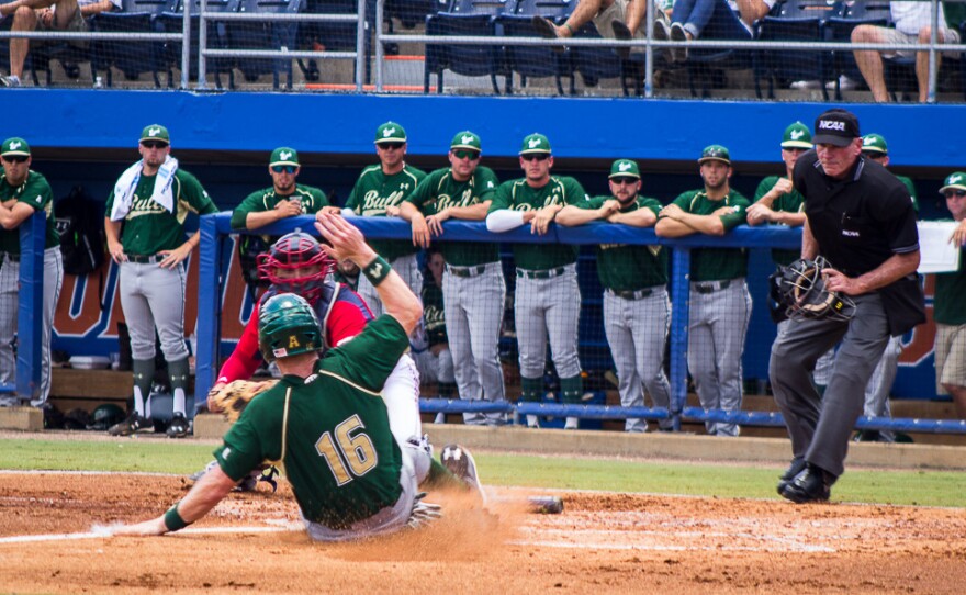 USF's Zac Gilcrease (16) slides into home plate to score and give his team a 1-run difference over FAU in the second inning.