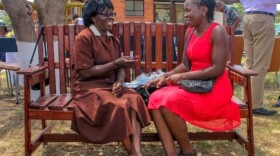 A community counselor, left, speaks to a patient on the Friendship Bench in Zimbabwe.