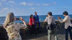 U.S. lawmakers Pramila Jayapal, D-Wash., center left, and Jonathan Jackson, D-Ill., pose for photojournalists at the Malecon in Havana, Saturday, April 4, 2026.