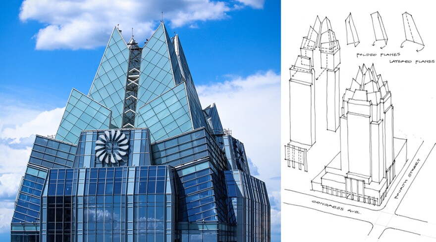 Left: The top of the Frost Bank tower, Right: The design for the Frost Bank Tower