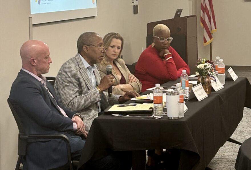 From left: Senator Nick DiCeglie, Senator Darryl Rouson, Representative Lindsay Cross and Representative Michele Rayner sitting at a table. Senator Rouson is holding a microphone and talking.