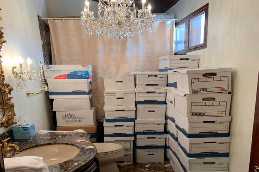 FILE - This image, contained in the indictment against former President Donald Trump, shows boxes of records stored in a bathroom and shower in the Lake Room at Trump's Mar-a-Lago estate in Palm Beach, Fla.