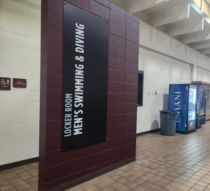 The entrance to the men's swimming and diving locker room at Missouri State University (photo taken May 11, 2026).