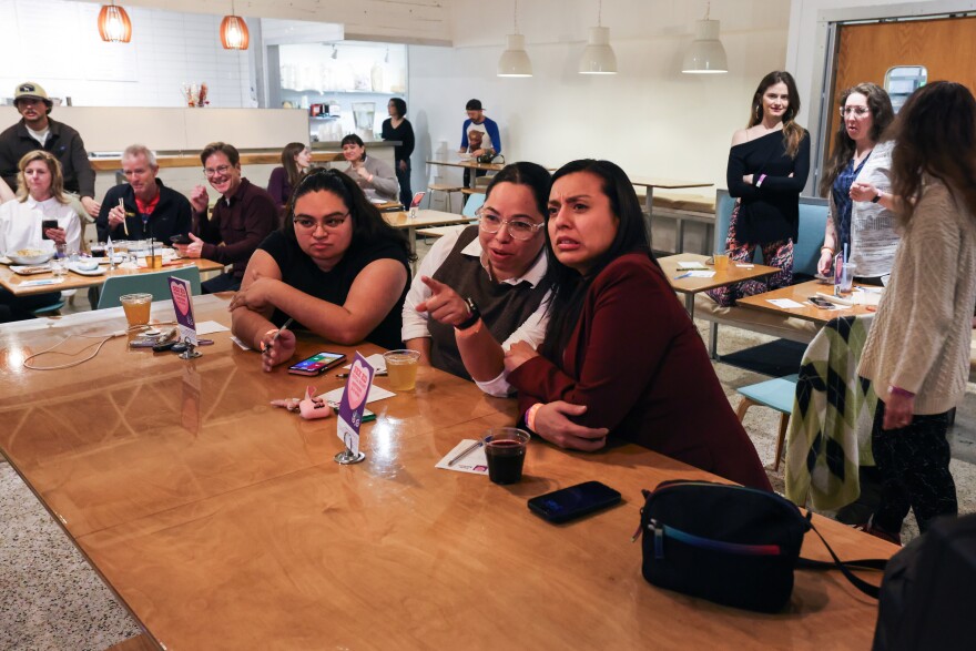 Teams of participants decide on answers during Sex Ed Trivia Night Thursday, Feb. 8, 2024, at Hello Dumpling in Dallas. The event benefits Wholly Informed Sex Ed, a nonprofit that advocates for comprehensive, medically accurate sex education.