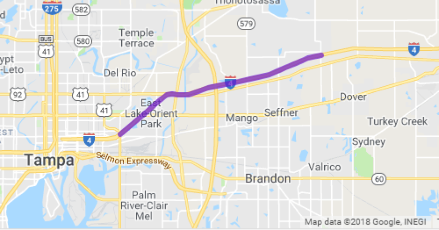 The purple line indicates the 11-mile stretch of I-4 that will be repaved.