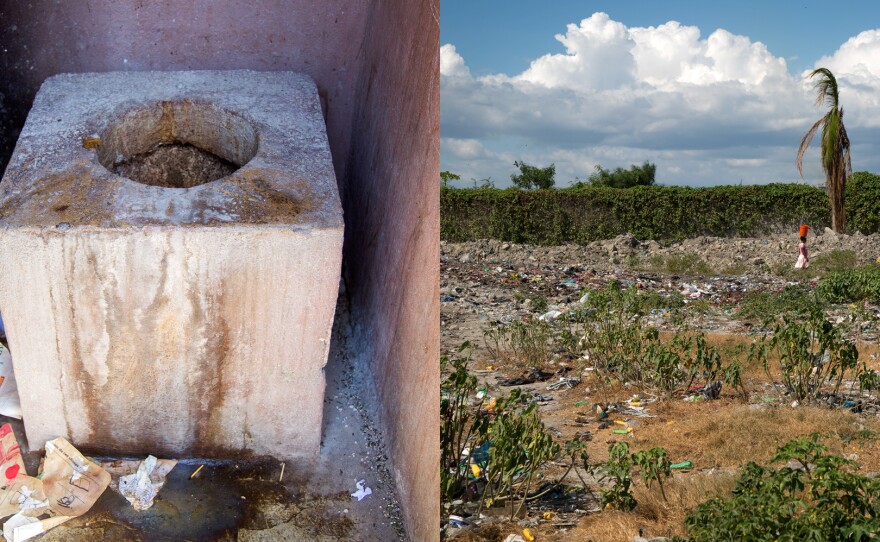 Two options for relieving oneself in Project Drouillard: a pit latrine and an open field bordering a canal filled with human waste.