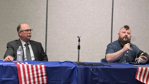 Frank Barnitz and Chris Reichard face each other in a debate, held at Southeast Missouri State University's Program Room on Sat. May 16th. They are two of three Democratic candidates in Missouri's 8th Congressional District.