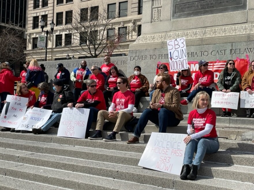 The Delaware Chapter of Moms Demand Action and other groups rally for permit-to-purchase legislation.