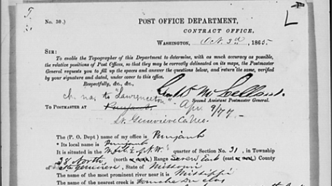 A portion of the application for a post office for Punjaub/Lawrenceton, dated October 3, 1865. Punjaub is marked through and the notation, “ch[anged] na[me] to ‘Lawrenceton’ Apr. 9/77” added. Post Office Department Records of Site Locations, 1837-1955, National Archives and Records Administration, microfilm M1126, Roll 344, Missouri, St. Francois – St. Louis Counties, image 349.