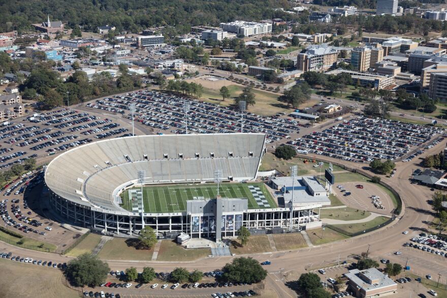 An aerial view of Mississippi Veterans Memorial Stadium in Jackson, Mississippi, 2016.