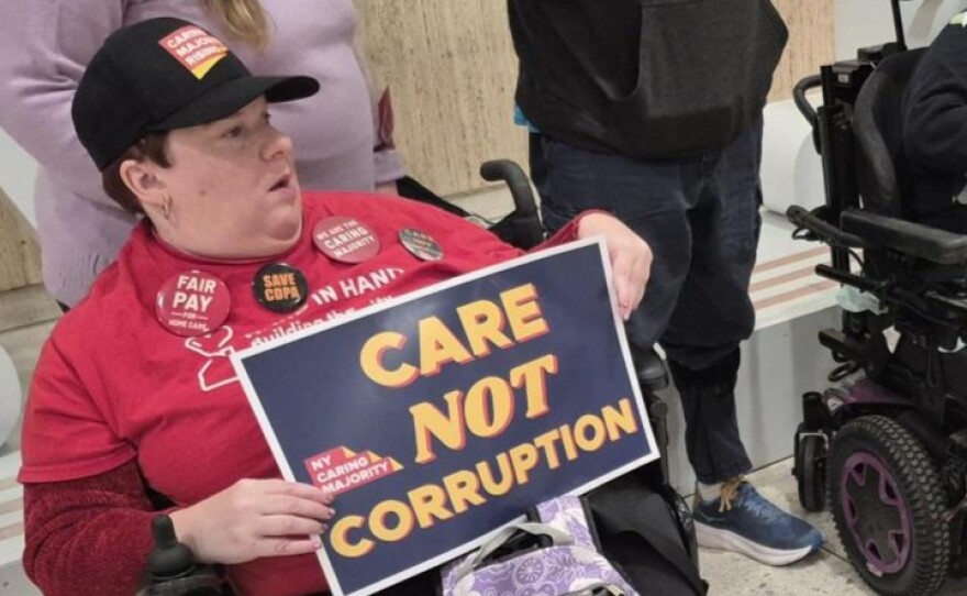 Angela Harmer of Rensselaer County says having a single operator running the state's Consumer Directed Personal Assistance Program, or CDPAP, is not working. Harmer was among a small group of disability rights advocates who rallied Wednesday, Jan. 7, 2026, at the New York state Capitol on opening day of the new legislative session.