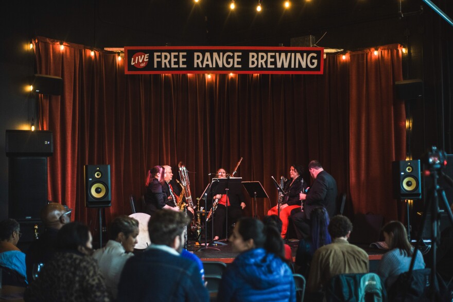 The Burnt Reeds quintet performs at Free Range Brewing in February 2024.
