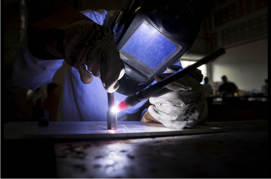 Austin Masiaczyk fuses an anchor together to attach flood-control panels at Savannah Trims on Nov. 13, 2019 in Lake Park. Savannah Trims makes flood-control gates for businesses to protect from storm surge and tidal flooding.