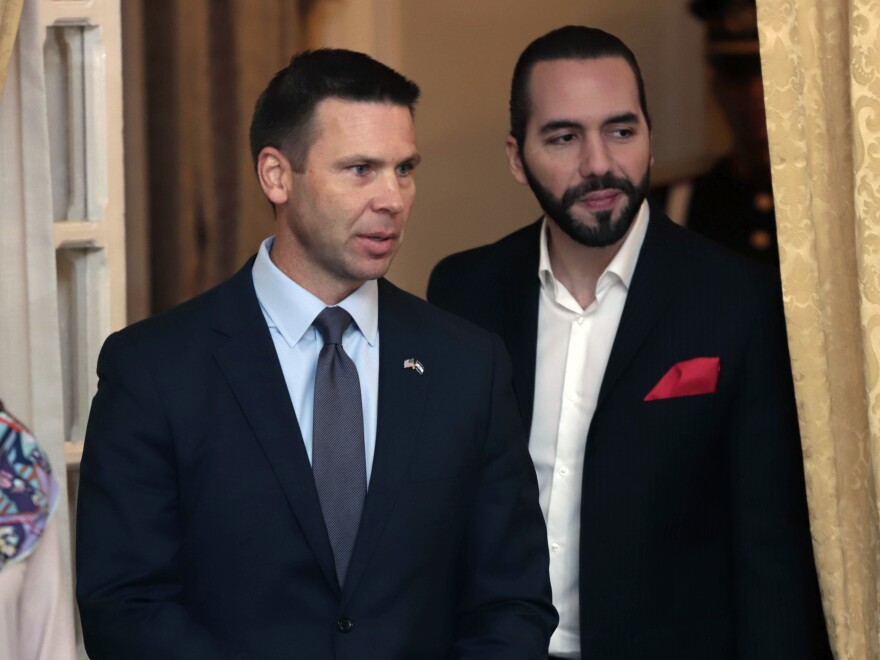 Acting U.S. Homeland Security Secretary Kevin McAleenan (left) and Salvadoran President Nayib Bukele attend a meeting in San Salvador, El Salvador, in August.