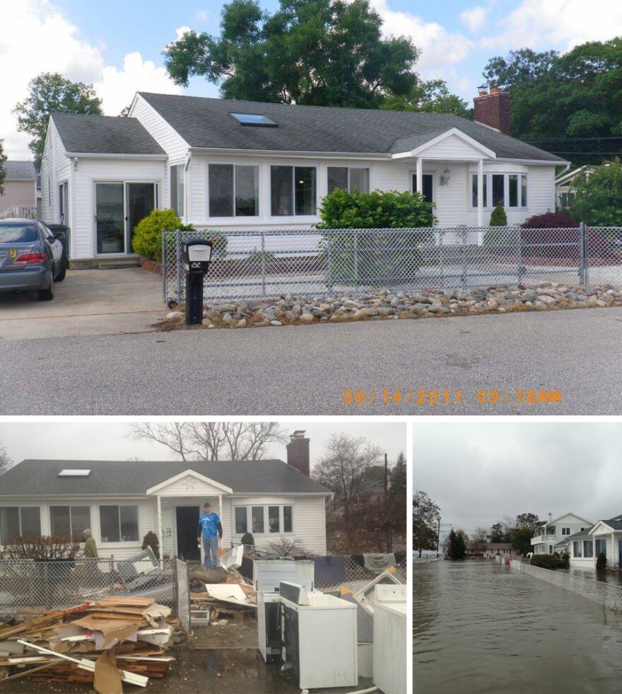 Top: Doug Quinn's home in 2011. Left: Damaged materials from inside Quinn's home in January 2013. Right: Water flooded Quinn's street the day after Superstorm Sandy.