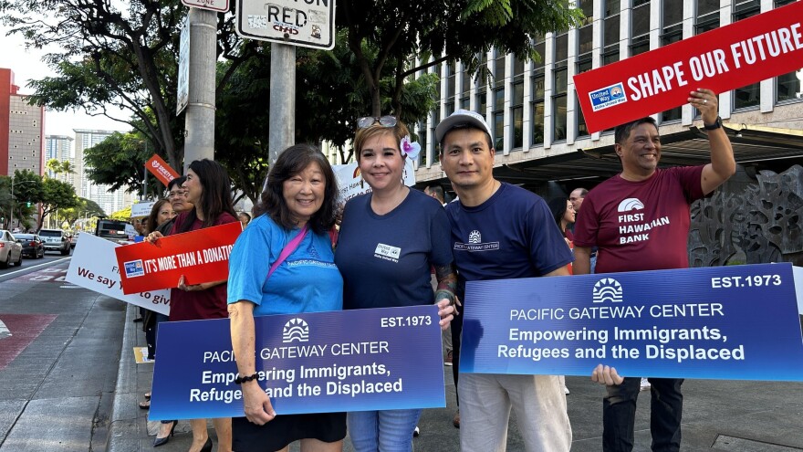 Wong, left, and Nguyen, right, at the Aloha United Way Workplace Giving Campaign Kick-off Rally. (Aug. 6, 2024)