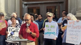 Luis Torres, president of Metro Justice, speaks Tuesday, Sept. 8, 2026, on the steps of the Monroe County Office Building during launch of the "Protect Our Neighbors" campaign seeking a united resistance to the federal immigration enforcement crackdown.