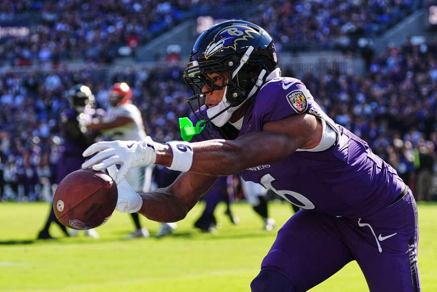 Baltimore Ravens wide receiver Ja'kobi Lane (6) can't make a catch during the first half of an NFL football game against the Cincinnati Bengals in Baltimore, Sunday, Oct. 25, 2026. (AP Photo/Stephanie Scarbrough)