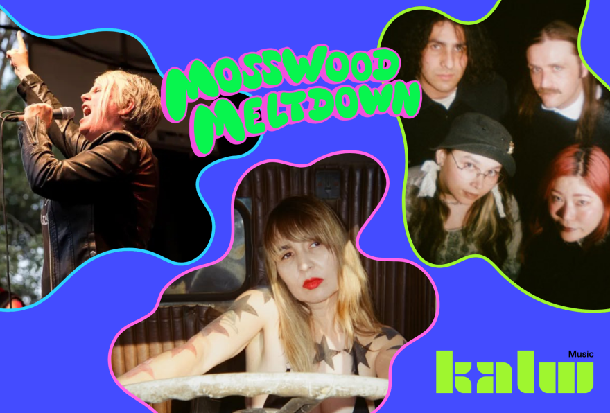 A graphic featuring Penelope Houston of the Avengers, Heather & the Hot Guys, and Christina's Trip, bands performing at Mosswood Meltdown 2026.