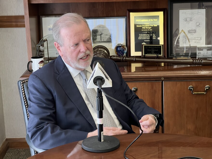 Due South co-host Jeff Tiberii talks with NC Senate Leader Phil Berger in his office at the state legislature.