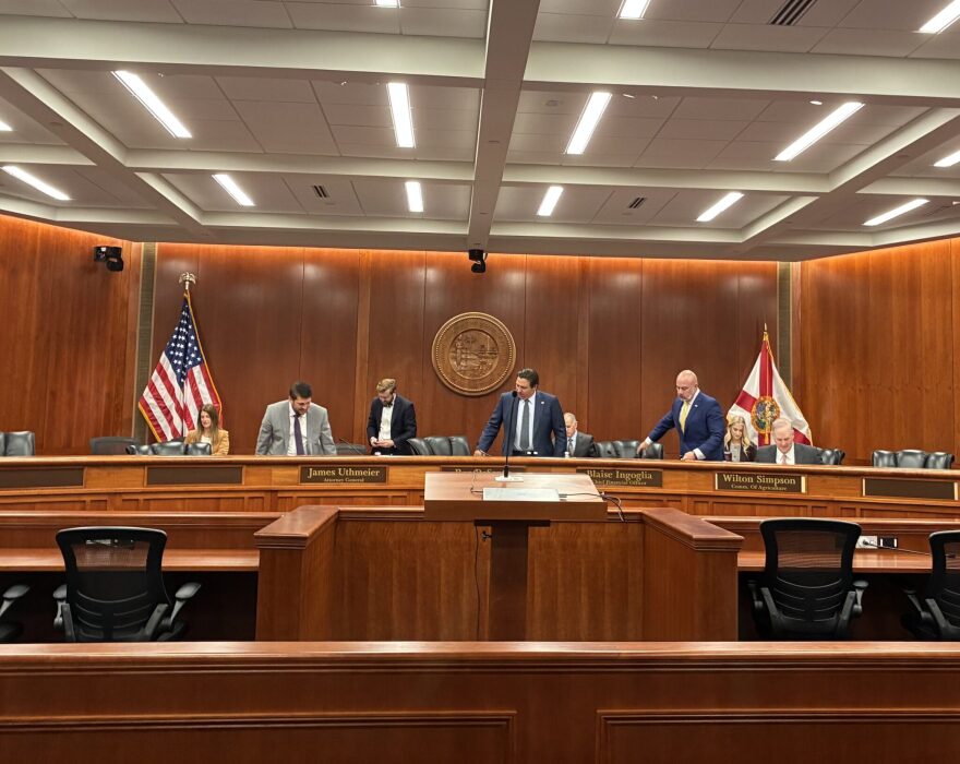 AG James Uthmeier, Gov. Ron DeSantis, CFO Blaise Ingoglia, and Ag Commissioner Wilton Simpson at a Cabinet meeting on Sep. 30, 2025. (Photo by Liv Caputo/Florida Phoenix)