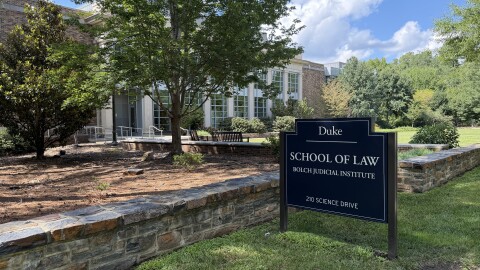 Outside of Duke University's School of Law on Aug. 7, 2026. 