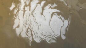 This is the south polar cap of Mars as it appeared to the Mars Orbiter Camera on the Mars Global Surveyor on April 17, 2000. An underground lake was found near here.