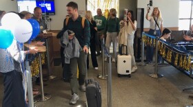Passengers arrving on the inaugural United Airlines Chicago to Santa Barbara nonstop flight service Monday get VIP treatment at Santa Barbara Airport with cookies and airline swag.