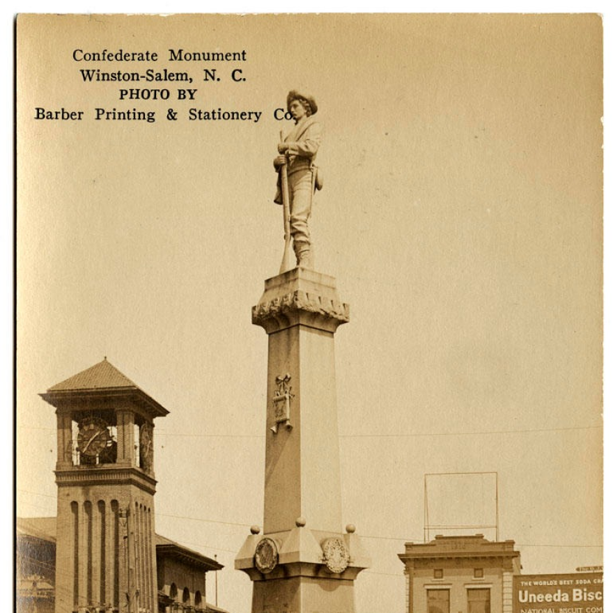 The City of Winston-Salem has told the group who owns the statue of the Confederate soldier to take it down or face possible legal action. Historic postcard from the Durwood Barbour Collection of North Carolina Postcards.