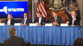 Bob Duffy and other business leaders join Gov. Cuomo in Albany to announce support for a permanent property tax cap