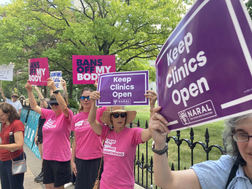 Abortion rights advocates protest at the Ohio Statehouse. [Daniel Konik / Statehouse News Bureau]
