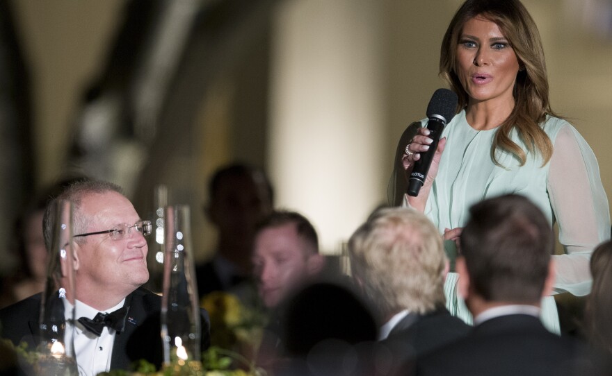 First Lady Melania Trump speaks as Australian Prime Minister Scott Morrison listens during a state dinner in the Rose Garden on Sept. 20, 2019.