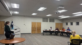 KAXE reporter Emma Krab moderates a forum with candidates for Deer River School Board on Sept. 30, 2026, in Grand Rapids.