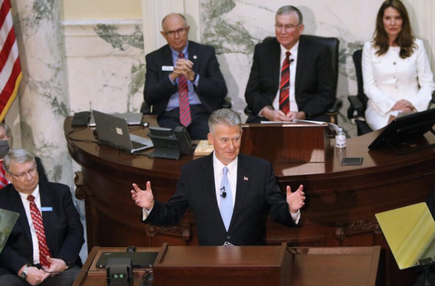 Gov. Brad Little delivers the annual State of the State address from the floor of the House of Representatives at the Idaho State Capitol on Jan. 10, 2022. (Brian Myrick/Idaho Press)