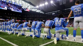 Members of  the Detroit Lions take a knee during the playing of the national anthem prior to the start of the game against the Atlanta Falcons at Ford Field on Sept. 24, 2017, in Detroit. (Rey Del Rio/Getty Images)