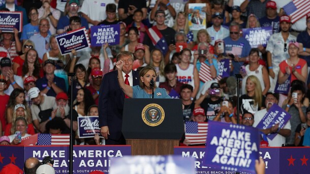 President Donald Trump and Sen. Darline Graham at the Myrtle Beach Convention Center on Aug. 21, 2026.