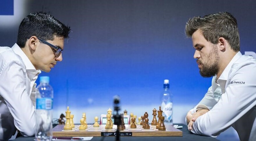 Grandmaster Magnus Carlsen (right) plays grandmaster Anish Giri in the 2019 Croatia Grand Chess Tour.