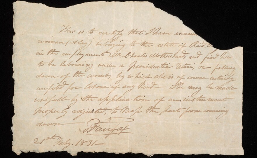 A doctor's note about Alsy, an enslaved woman, is part of Baskin's collection.