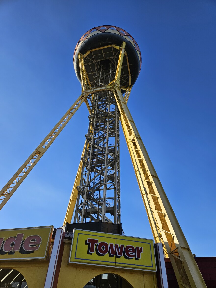 The sombrero-shaped tower at South of the Border includes a ground-floor arcade and elevator rides to an observation deck.