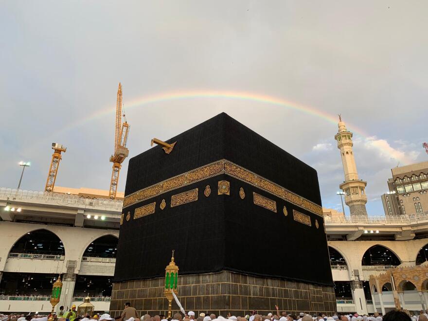 A rainbow shines overhead the Kaaba while Muslims are on hajj, the annual Islamic pilgrimage. 