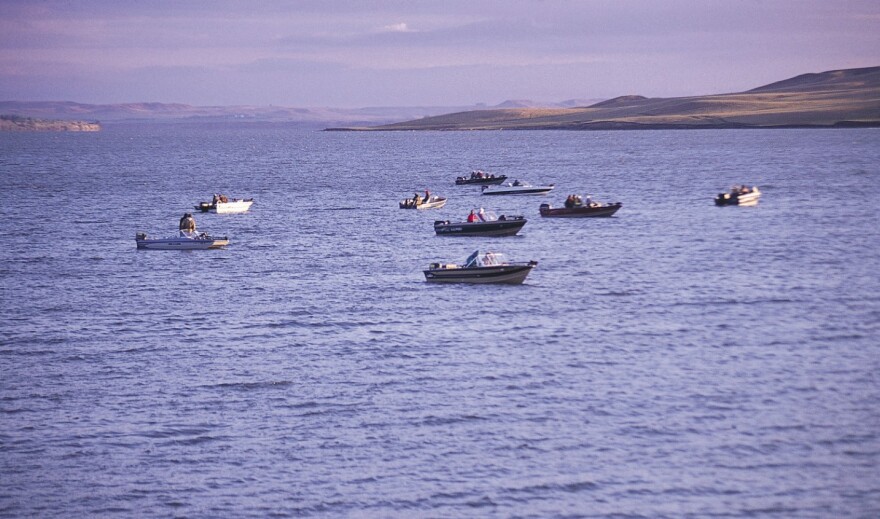 Several boats line the waters of Lake Oahe, one of the largest reservoirs on the Missouri River.