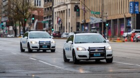 St. Louis Metropolitan Police establish a perimeter around a demonstration at the intersection of Tucker Boulevard and Market Street in downtown, St. Louis on April 20, 2021.