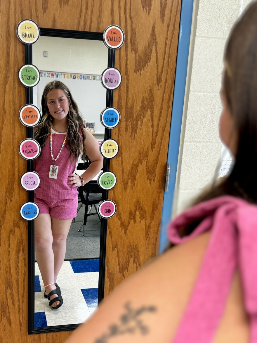 An "Affirmation Station" in Raign PanKratz's classroom features words of encouragement for her kindergarten students.