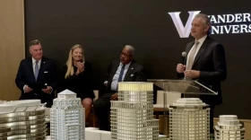 Vanderbilt Chancellor Daniel Diermeier announces the school’s decision to commit to building a campus in downtown West Palm Beach, as West Palm Mayor Keith James, Palm Beach County Mayor Sara Baxter and Vice Chancellor Nathan Green watch.