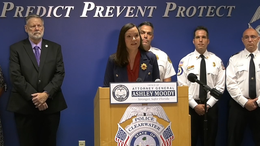  Attorney General Ashley Moody announces a program to provide free naloxone to Florida first responders on May 9, 2023, at the Clearwater Police Department.