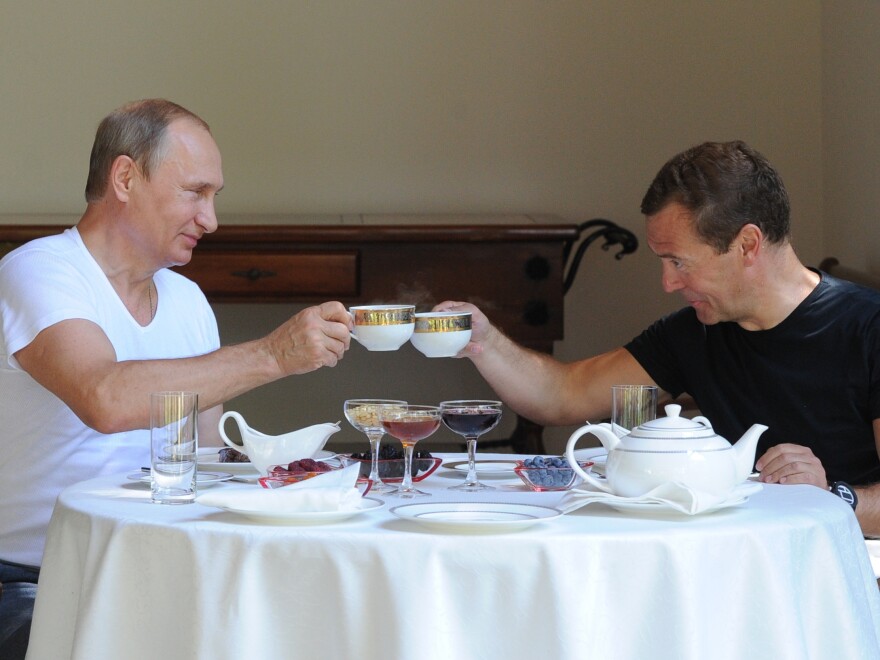 Putin and Medvedev clinked teacups during their post-workout meal.