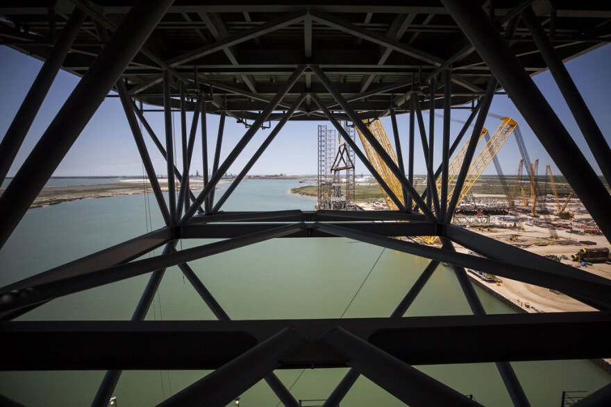  The view from Shell’s Appomattox oil production platform when it was being built in Ingleside, Texas, on the Gulf Coast.