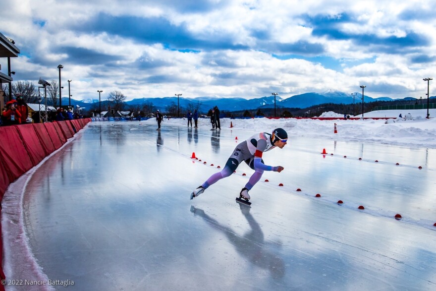 An athlete in the speed skating competition at the World University Games in 2022.