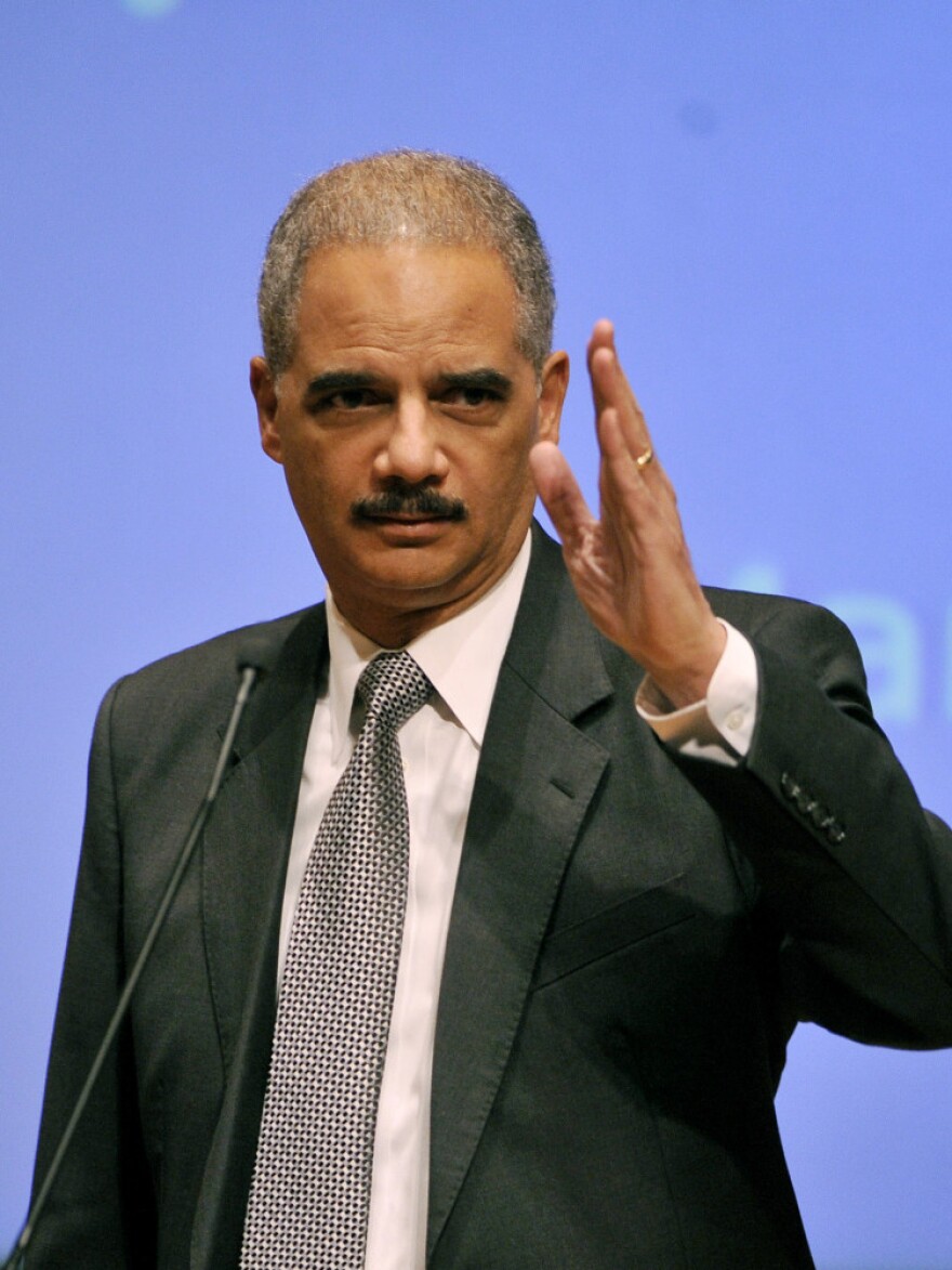 Holder surveys the room before speaking at Northwestern University's law school March 5 in Chicago.