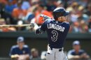 Baseball player with a blue Longoria 3 on the back of his jersey swinging a bat.